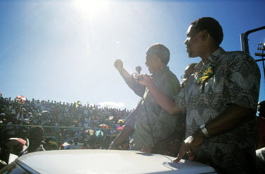 Nelson Mandela at a rally celebrating the ANC (African National Congress) election victory.