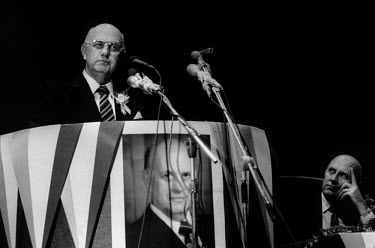 PW Botha (at the podium) and his successor as President FW De Klerk (right), at a National Party conference in Pretoria.