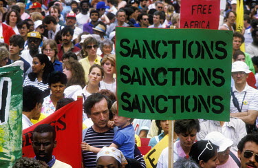 A protest rally in London calling for tougher sanctions against the apartheid regime in South Africa.