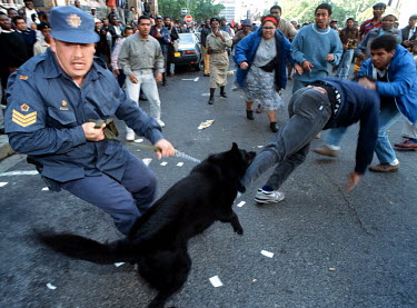 Police use dogs to control protesters during a demonstration in the dying days of apartheid.