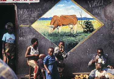 The image of a cow on the wall of a small market at a refugee camp outside Goma. Hundreds of thousands fled into DR Congo at the end of the Rwanda genocide.