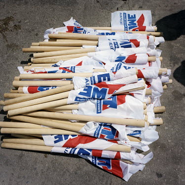 Flags of the Pame - All-Workers Militant Front - after a demonstration at Piraeus port during the financial crisis.