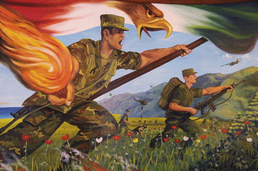 A mural depicts the war on drugs in a museum at the headquarters of the Mexican Army. The museum is not open to the public but instead acts as an educational tool for the army and its soldiers.