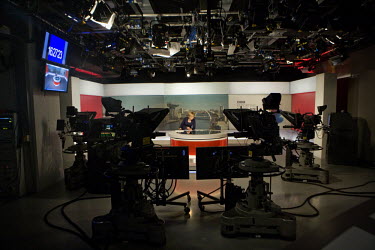 Broadcaster Sally Magnusson prepares for a news broadcast at the BBC Scotland television studios in Glasgow.