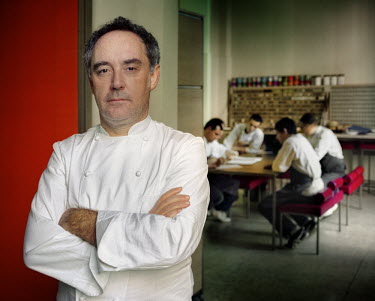 Chef Ferran Adria of El Bulli restaurant, in his workshop working with his team on new recipes.