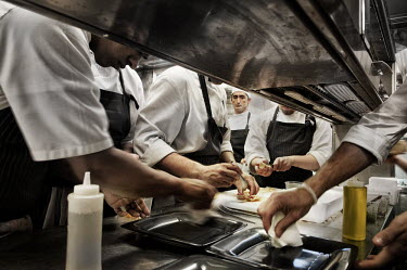 Student chefs train in the kitcken of Juan Mari Arzak's Arzak Restaurant in San Sebastian.