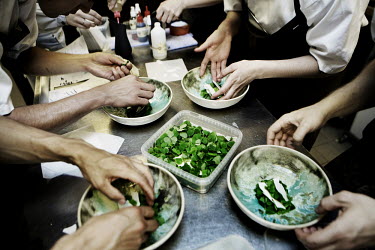 Chefs prepare salads in the kitchen of Rene Redzepi's two Michelin star restaurant Noma, which was voted the best restaurant in the world in 2010.