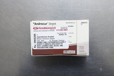A box of injectable Cyproterone Acetate, an antiandrogen which suppresses the actions of testosterone, in the injection room at the Royal Ottawa Health Care Group. One of the treatments which patients...