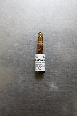 A vial of injectable Cyproterone Acetate, an antiandrogen which suppresses the actions of testosterone, in the injection room at the Royal Ottawa Health Care Group. One of the treatments which patient...