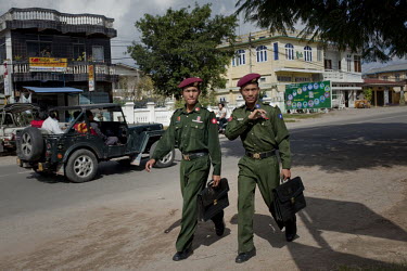Burmese Army officers walk down the street in Pyin U Lwin.