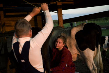 A boy and a girl milk cows early in the morning on a farm in a Mennonite village. Near the city of Santa Cruz, there are about 15,000 Mennonites living in isolated communities. Mennonites are a group...