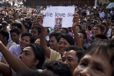 Supporters of Myanmar's newly-released opposition leader Aung San Suu Kyi react as they listen to her speak at the National League for Democracy (NLD) headquarters in Rangoon. From 1990 until her rele...