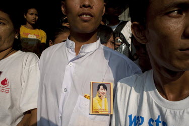 National League for Democracy (NLD) supporters, waiting at the party HQ, congregate ahead of the imminent release of Aung San Suu Kyi from house arrest in Rangoon. From 1990 until her release on 13 No...
