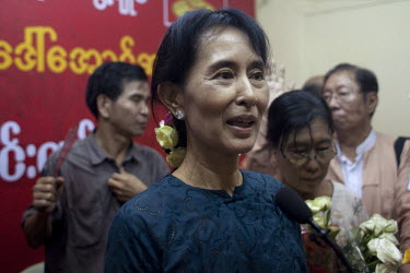 Myanmar's newly-released opposition leader Aung San Suu Kyi talks to the assembled media at the National League for Democracy (NLD) headquarters in Rangoon. From 1990 until her release on 13 November...