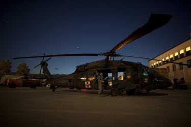 A US Army medevac helicopter prepares to take off on a mission from Bagram airfield.