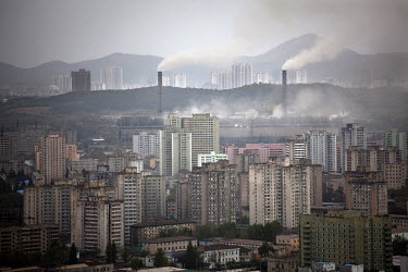 A view of apartment blocks and factories in central Pyongyang.