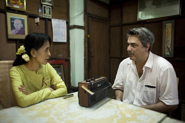 National League for Democracy (NLD) opposition party leader Aung San Suu Kyi talks with Der Spiegel correspondent Thilo Thielke in an interview in Yangon five days after she was released. From 1990 un...