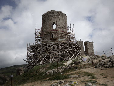 Scaffolding around an old tower in the old city of Balaklava, now in Sevastopol.