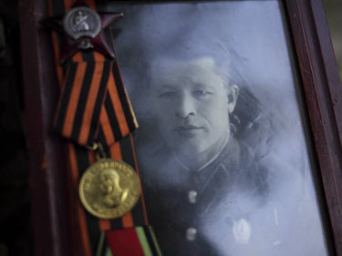 Portraits of World War II (WW2) heroes are shown on the streets on Victory Day in Sevastopol.