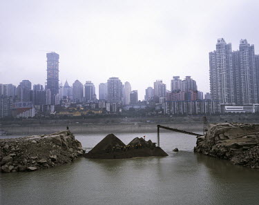 Workers construct a new bridge over the Yangtze River.