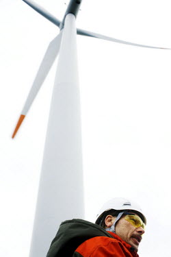 Thomas Almegaard, a worker's manager at Nysted Offshore Wind Farm. There are 72 wind turbines each being 110 metres high to the tips of the blades and each turbine produces an output of 2.3 Megawatts.