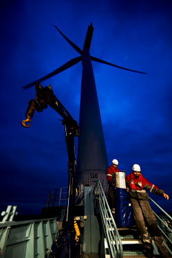 Thomas Almegaard, a worker's manager at Nysted Offshore Wind Farm. There are 72 wind turbines each being 110 metres high to the tips of the blades and each turbine produces an output of 2.3 Megawatts.