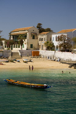 A traditional pirogue moored on the main beach at Goree Island.
