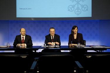 A press conference to announce the annual results of UBS, Switzerland's largest bank, in an auditorium in the bank's complex of buildings in the centre of Zurich. At centre is Oswald Grubel, Group CEO...