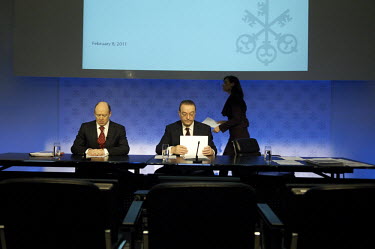 A press conference to announce the annual results of UBS, Switzerland's largest bank, in an auditorium in the bank's complex of buildings in the centre of Zurich. At centre is Oswald Grubel, Group CEO...