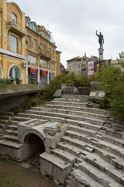 The 2nd Century CE Roman amphitheatre in Plovdiv  commissioned by the Emperor Trajan. Behind is a statue of Philip II of Macedonia.