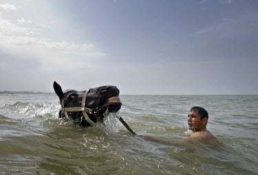 A man swims with his horse in the Caspian Sea on a very hot day in Sumgait.