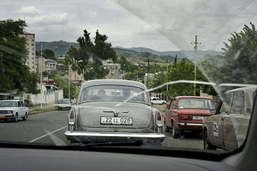 An old Volga car drives along a road in Stepanakert, the capital of the Nagorno-Karabakh Republic (NKR), a de facto independent republic which is not recognized internationally.