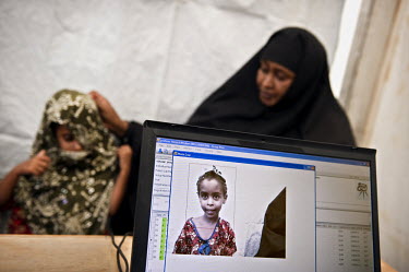 Detail on the screen as a child is registered at Dadaab refugee camp. Since Al Shabaab, an Islamic militia with alleged links to Al Qaida, is controlling large parts of Somalia and imposing tough Shar...
