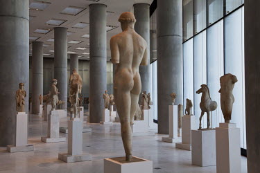 Marble sculptures from the Acropolis displayed in the new Acropolis Museum.