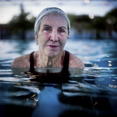 A portrait of 73 year old Margo Bouer who is a member of the Aquadettes at Laguna Woods, California. Margo suffers from severe MS, but says her nausea and shaking almost disappear when she is in the s...