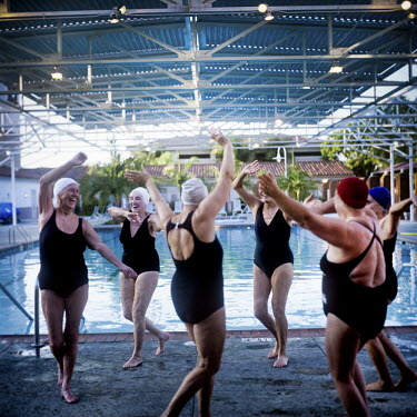 The Aquadettes practice a routine out of the water at Laguna Woods, California. The Aquadettes are a group of women ageing from their early 60s upwards who meet to practice synchronised swimming. Ever...