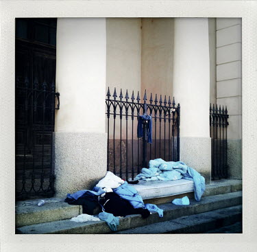 A homeless persons bed, Cagliari, capital of Sardinia.