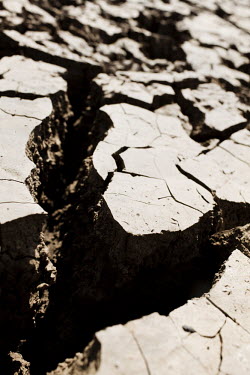 A water hole reduced to cracked earth as a result of drought.