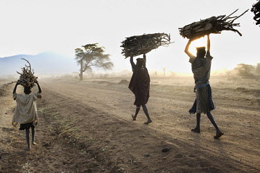 Women carrying loads of brushwood collected in the bush. They spend many hours to collect the wood which they will then sell at a market that is also several hours walk away.