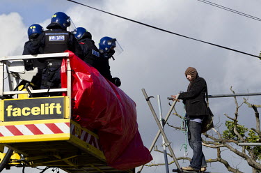 Police on a cherry picker move in to evict a protester at the Dale Farm traveller site in Essex.