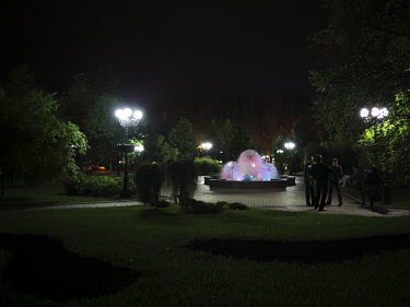Youths gather in a park at night.