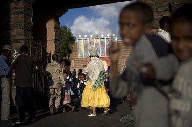 A street scene in front of the Orthodox Church Enda Mariam Cathedral in Asmara.