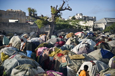 Ramshackle tents in an overcrowded camp for displaced people.