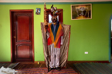 A man dressed up for Carnival stands in his house before he joins the parade.