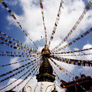 Tibetan peace flags hang from a pagoda in central Kathmandu.