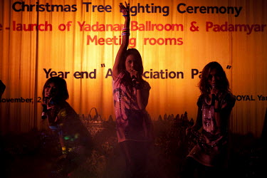 The 'Me N Ma Girls', Myanmar's first girl band, perform on stage at a private function in a hotel in Yangon. The band's members were recruited by Australian dancer Nicole May. They sing and dance in t...