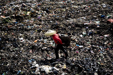 A woman scavenges through newly arrived garbage at the Changshengqiao landfill site outside of Chongqing city.