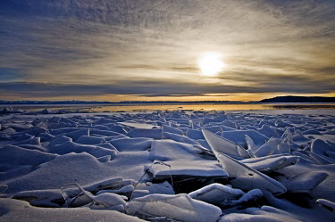 Broken slabs of ice on the surface of Lake Baikal.