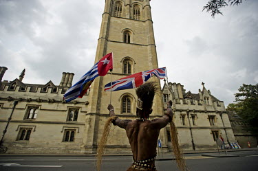 Benny Wenda, an indigenous Papuan and one of the leaders of the Papuan Independence movement, leads a 'Free West Papua' rally along the High Street in Oxford. He holds a Union Jack flag and a Morning...