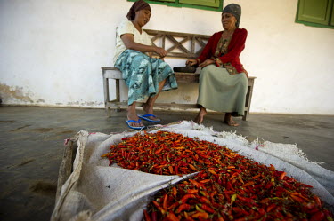Two women crush chillis with a pestle and mortar.